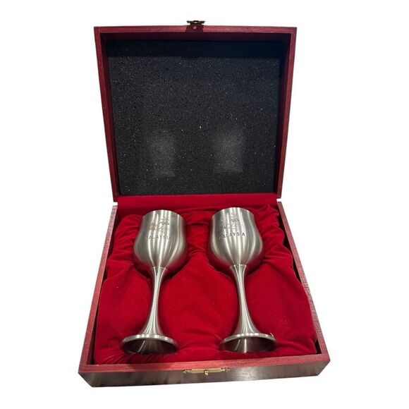 ROYAL SELANGOR Pewter 2 Wine Goblets with Wood Box tall Malaysia inscribed - Picture 4 of 11